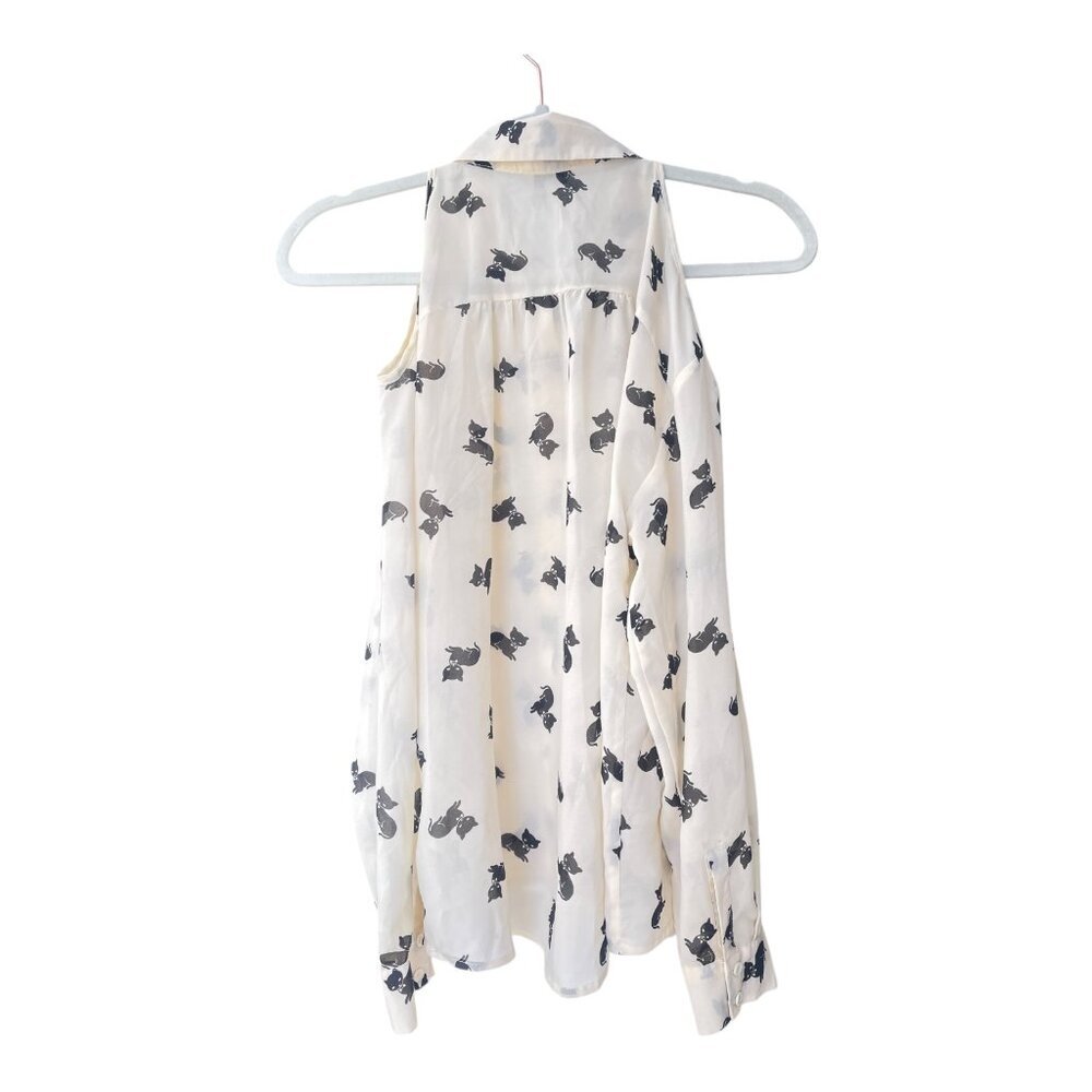 I love H81 Kitten Print blouse Women's Size S/P cream & black cat button down - Picture 2 of 10